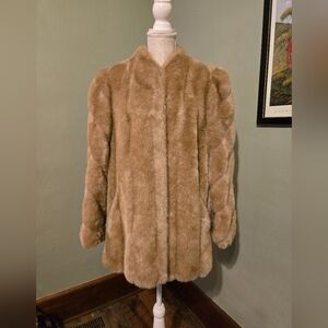 Vintage Faux Fur Coat Woman's Mix of White and Browns Hook Front Classic Look